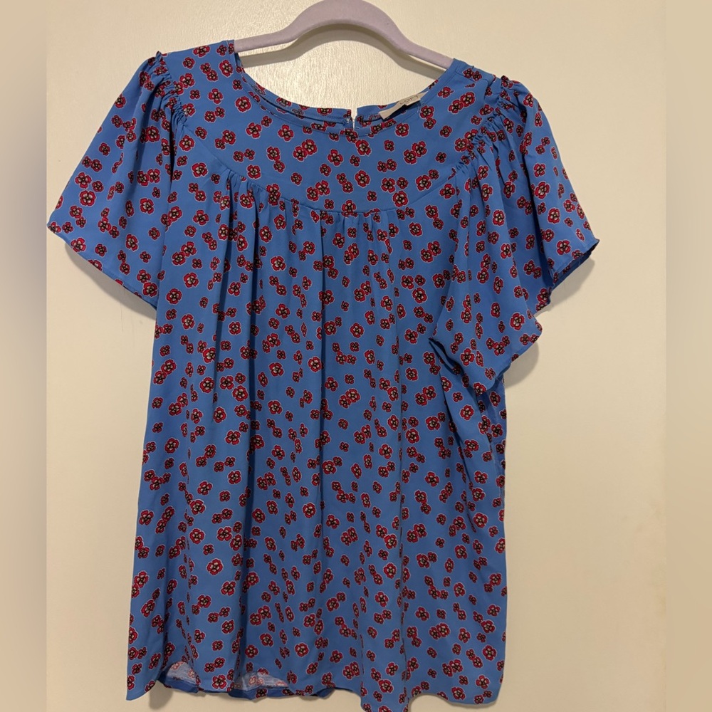 LOFT Sky Blue Top with Red Floral Design
